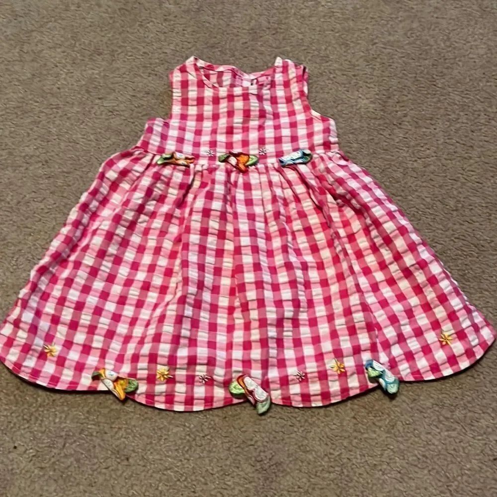 Youngland Pink and White Gingham with Flower Decals 1/2 Button Up Back Dress-3T